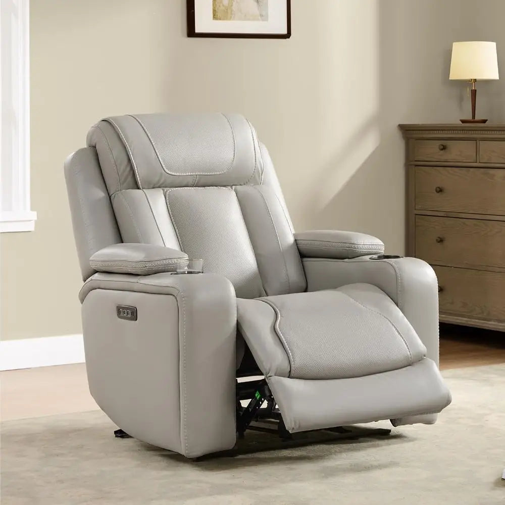 Oversized Genuine Leather Electric Recliner Chair with Power Adjustable Rest and Lumbar Support, Hidden Storage, Light Grey for