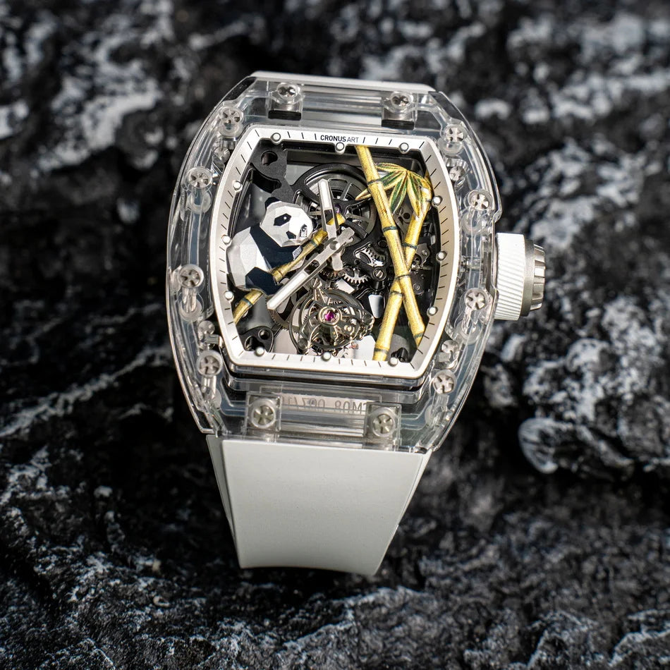 CRONUSART Men Tourbillon Watch 50mm*42mm Tonneau Sapphire Case Mechanical Wristwatch Fluororubber Strap Skeleton Panda Dial