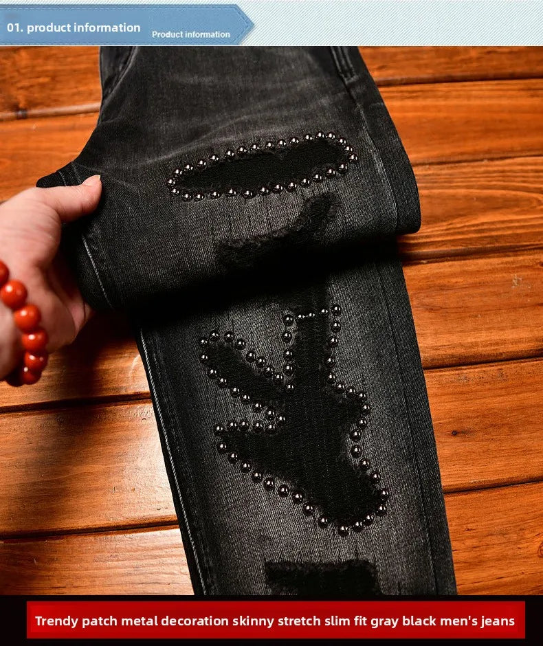 Metal Decor Design Black Jeans Men Trendy Ripped Fashion Retro Nostalgic Street Slim Fit Skinny Pants
