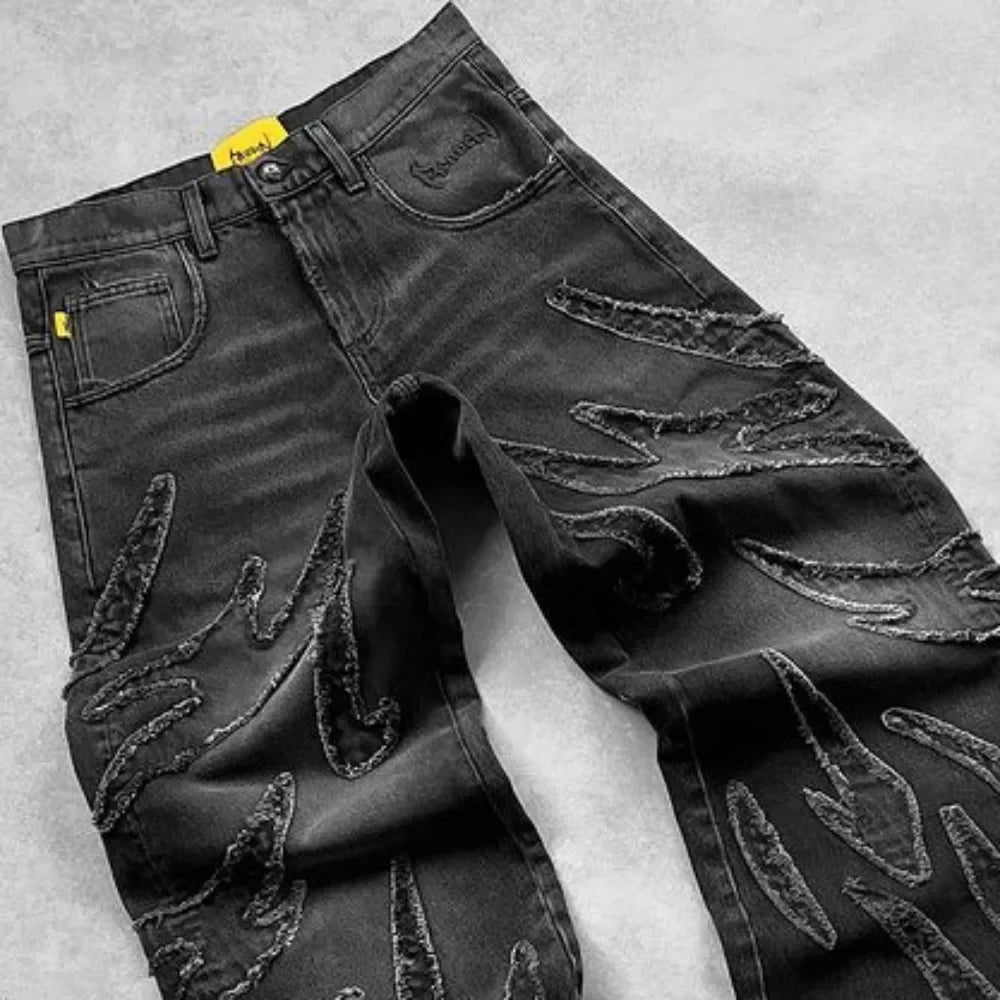 New Y2K Harajuku Retro Graphic Patch Jeans Hip Hop Gothic Raw Edge Embroidery Black Baggy Jeans Wide Leg Denim Pants Mens Womens