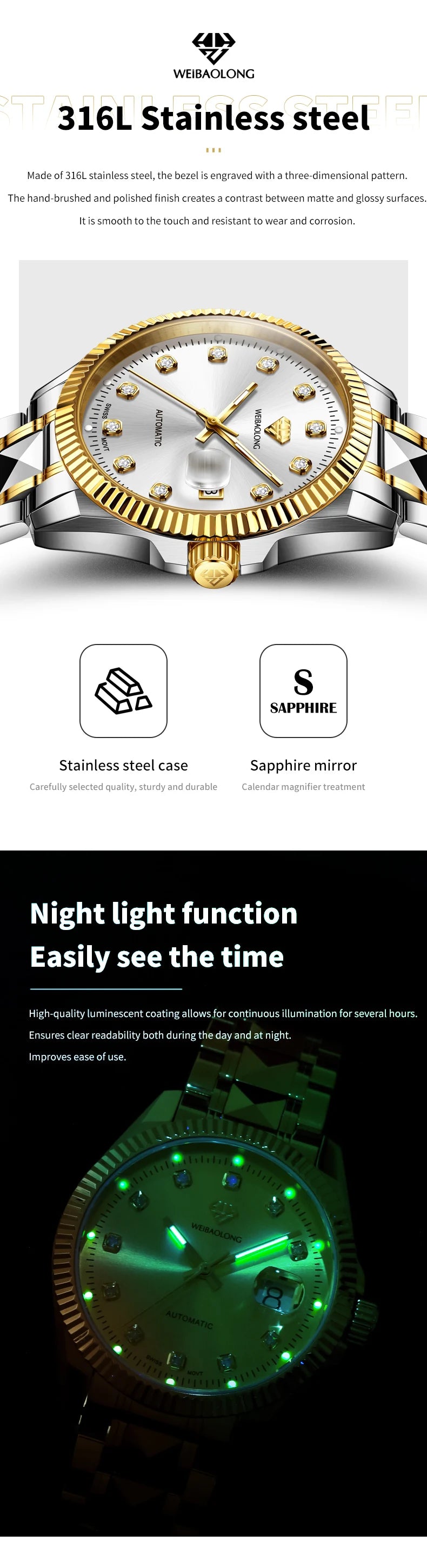WEiBAOLONG 3802 Man Watch Swiss Movement Mechanical Watch Real Diamond Automatic Men's Watch High-end Luxury Brand Watch for Men