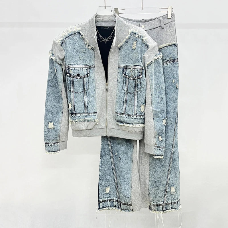 HKSH Spring Autumn New Men Trend Ripped Frayed Denim Patchwork Jacket Elastic Waist Wide-Leg Pants Fashion Two-Piece Set HK16899