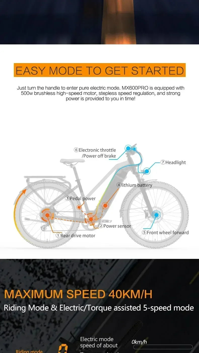 MX600 Electric Bicycle 500W motor Mountain e-bike 48V 20Ah battery 40km/h 27.5 inch tire Mountain rubber Sports Electric bike