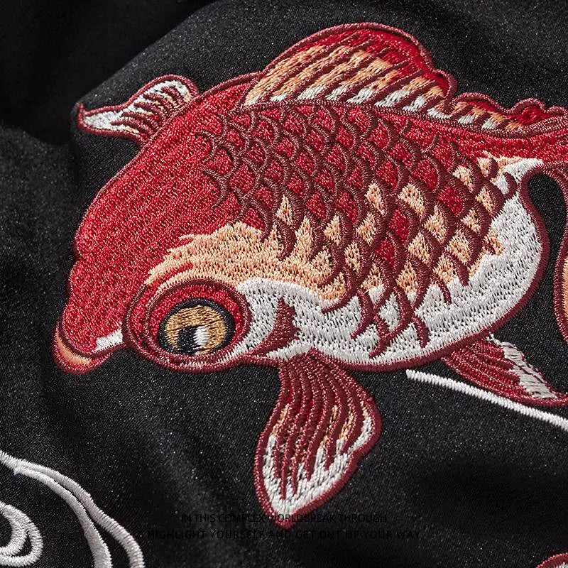 Cherry Blossom Embroidered Jacket Boys Top Spring and Autumn Japanese Sukajan Koi Fish Sakura Embroidered Satin Bomber Jacket