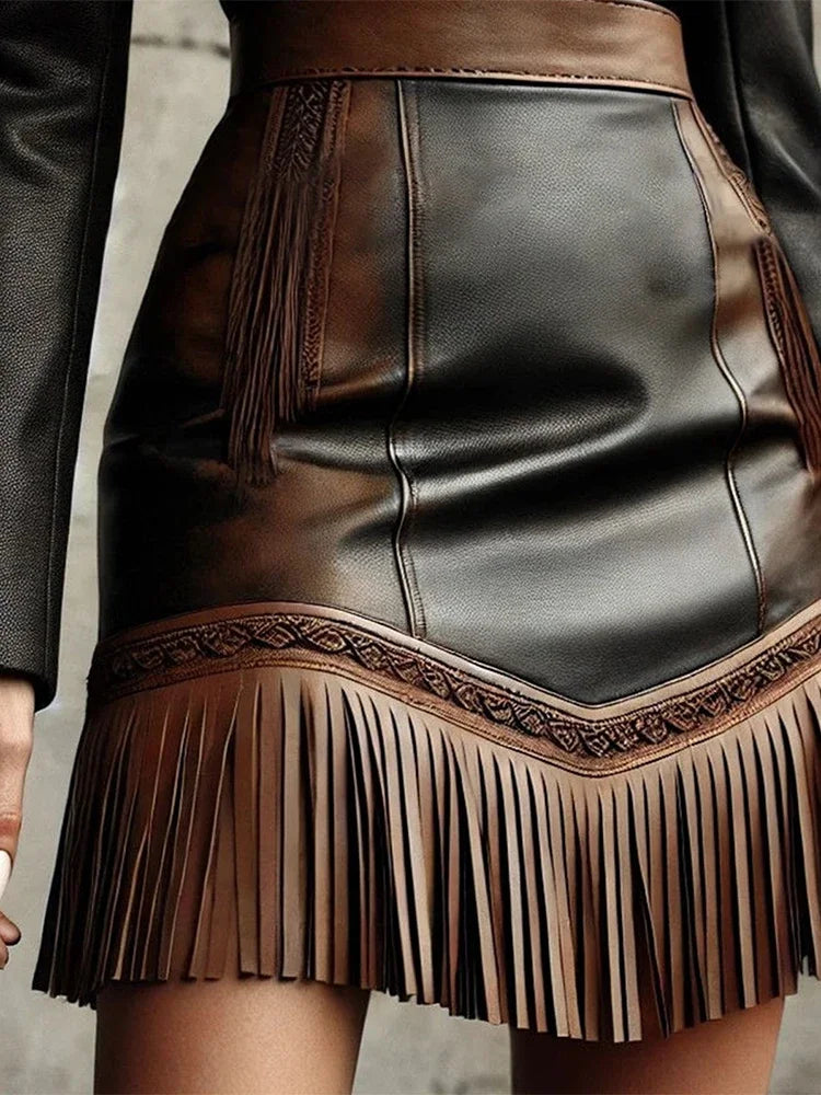 Vintage Western Fringe Hem Mini Skirt Fashion Women's Skirt  PU Leather Slim Fit High Waist Skirt Streetwear Short Skirts