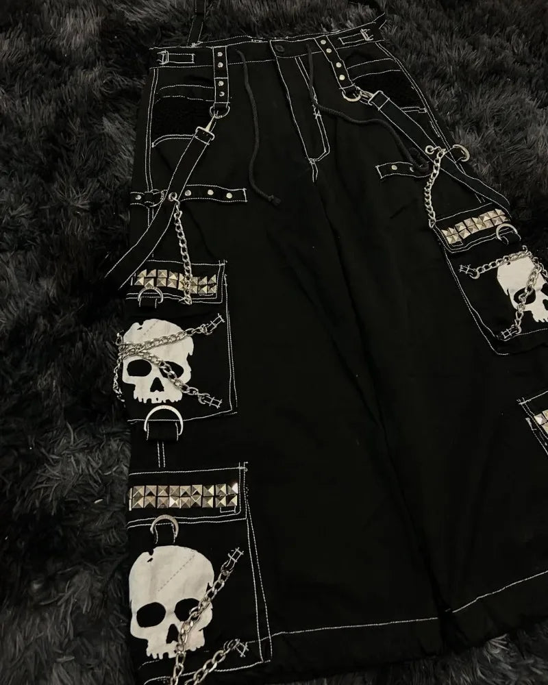 Street fashion chain brand Skull Bone Design jeans retro Harajuku style men's wide leg pants street rock multi-chain loose pants