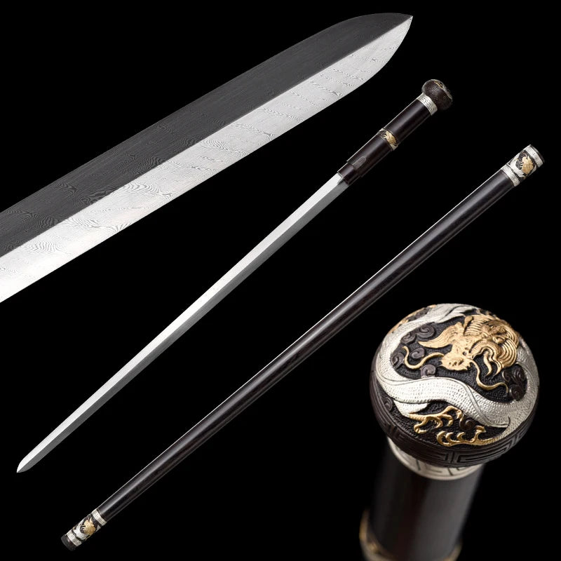 Medieval Staff Sword Folded Steel Damascus Blade Sharp Real Ebony Wood Scabbard Walking Stick Gold Silver Plating Dragon Katanas