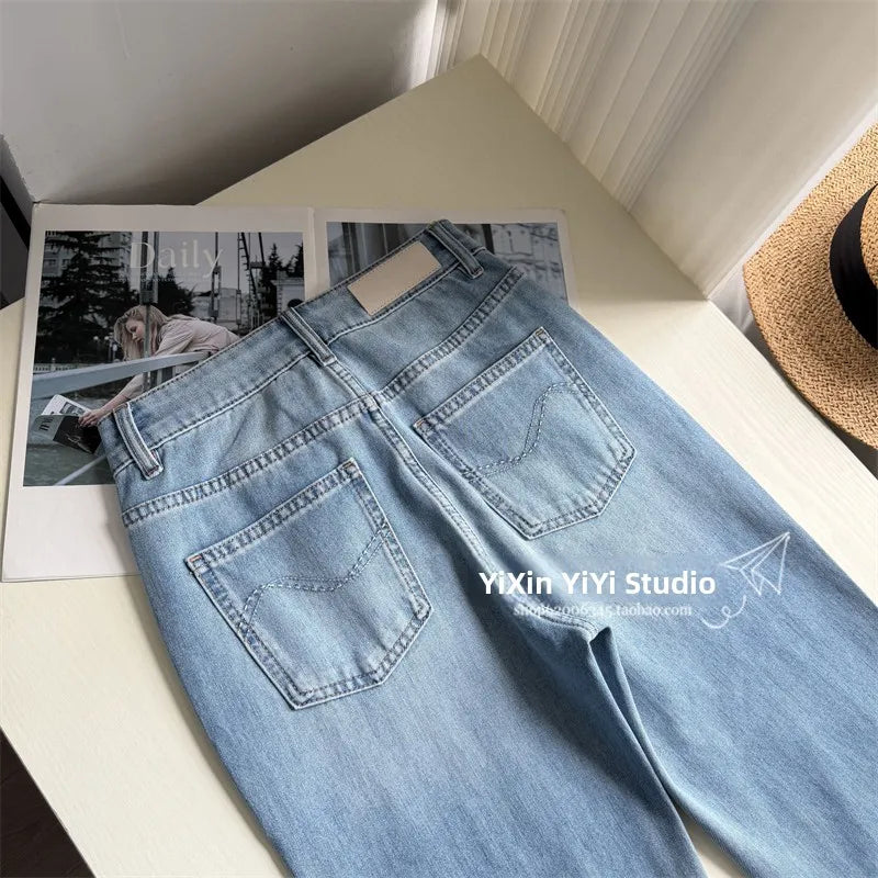 Summer Thin High Waist Slimming Bell Bottom Jeans Women's Fashion Korean Anime Leg Transformation Nine-Piece Micro Flared Denim