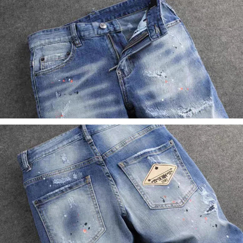Fashionable new jeans washed with nostalgia, stretchy, slim fit, light blue, men's ripped patch jeans, high street hip-hop pants