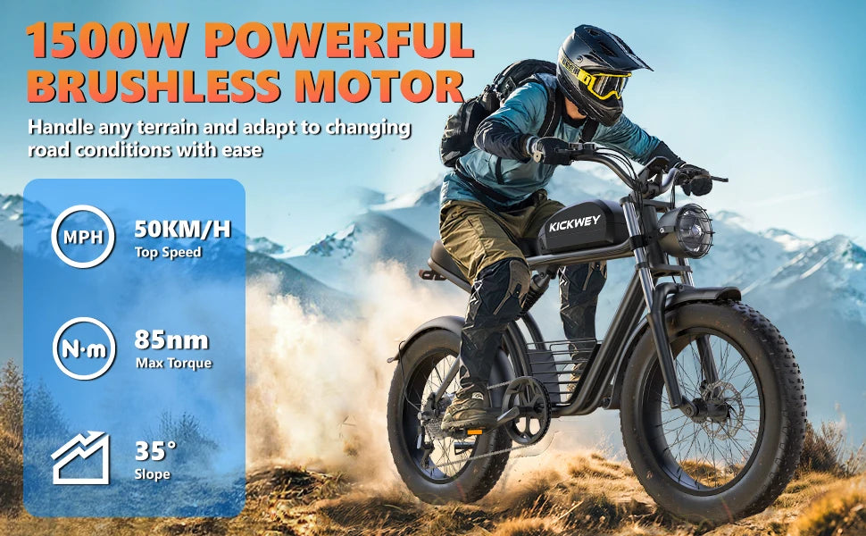 Kickwey K7 Adult Electric Bicycle 1500w 48V23ah Ebike 46km/h Mountain Electric Bike 20" Fat Tire Dirtbike Motorcycle E Bike