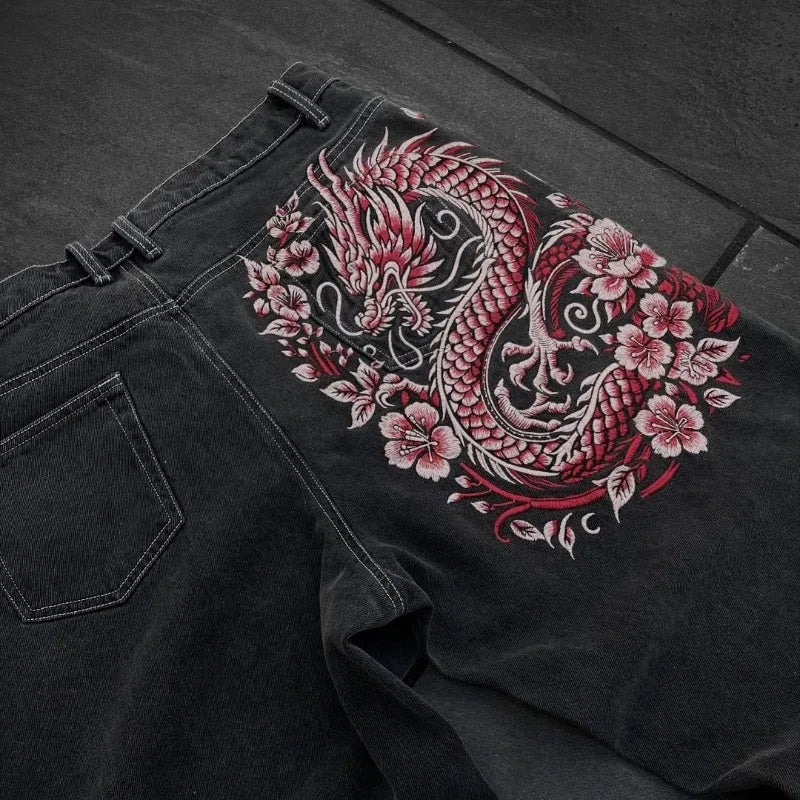 American Retro Hip-Hop Cherry Blossom Dragon Embroidery Baggy Jeans For Men and Women Y2K New Gothic Hip-Hop Casual Street Wear
