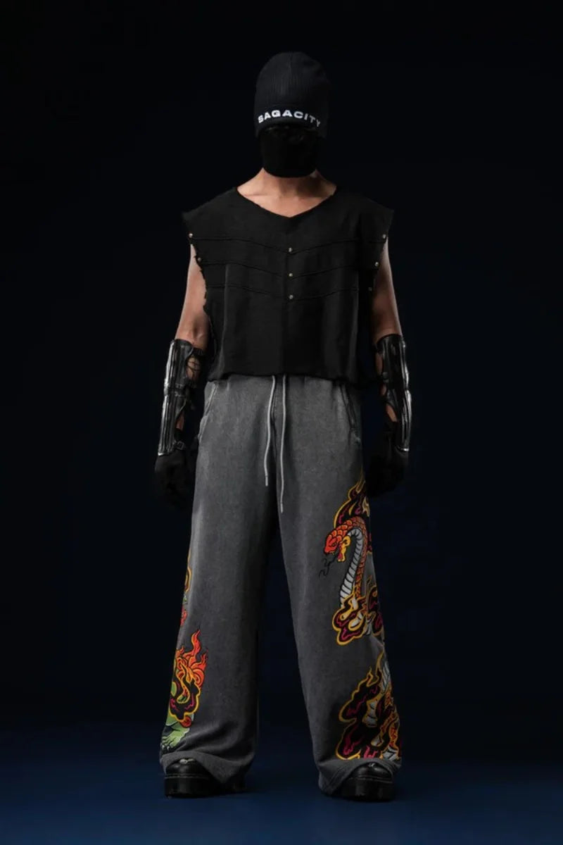 Y2K Retro Harajuku Jeans Flame Dragon Snake Graphic Printing Baggy Pants Wide Leg Sweatpants Vintage Men Women Streetwear