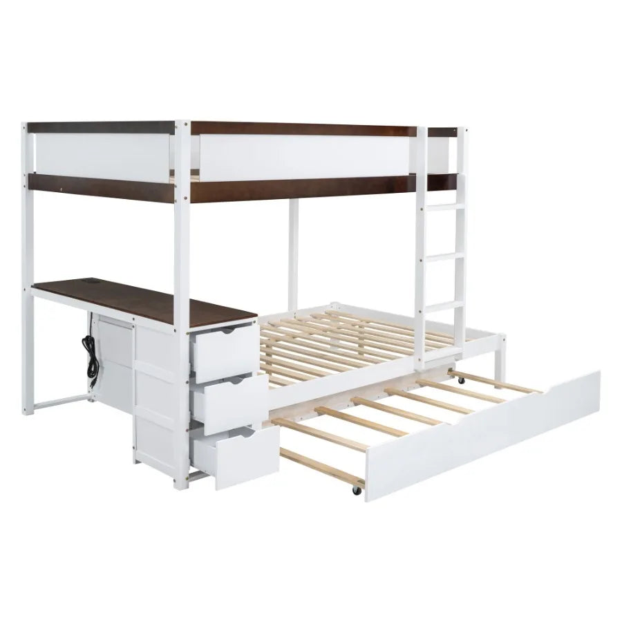 Full-Over-Full Bunk Bed with Twin size Trundle Storage and Desk White+Walnut