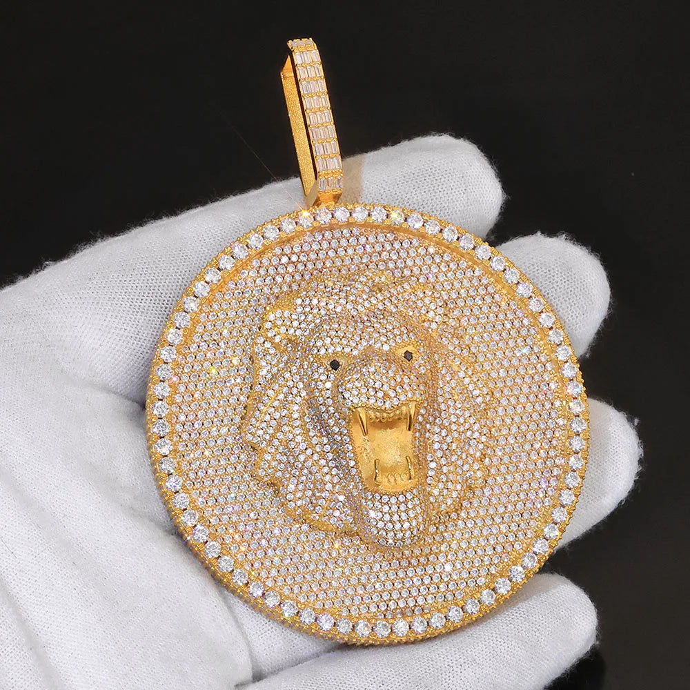 HHIOK Luxury Custom HipHop 925 Silver Moissanite Lion Circle Shaped 18K Gold Plated Men Pendant Iced Out Diamond Necklace
