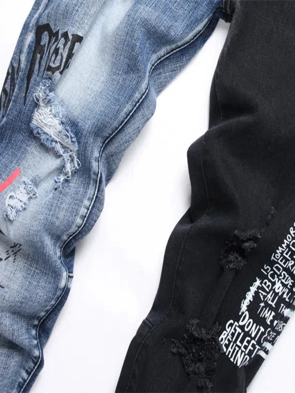 Men's Ripped Letter Print Stretch Small Feet Straight Slim Patchwork Jeans Comfortable Skinny Bike Jeans