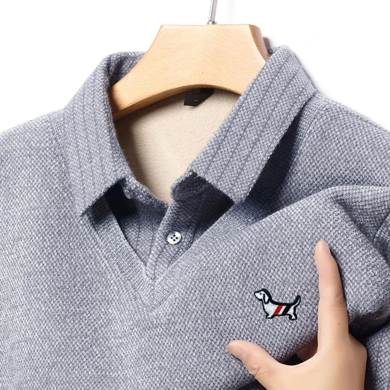 Hot Sales Cartoon Dog Embroid Men's Sweater Lapel Thicken Knit Pullover Winter Design Quality Fake Two Pieces Warm Men's Wear