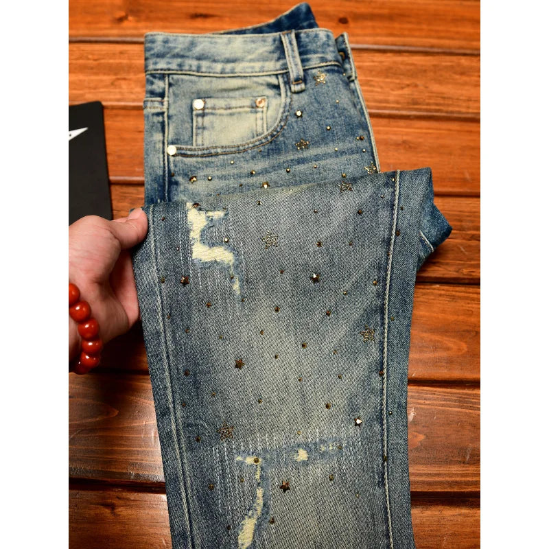 Fashionable light luxury jeans with men's patch design trendy retro elastic ripped pants
