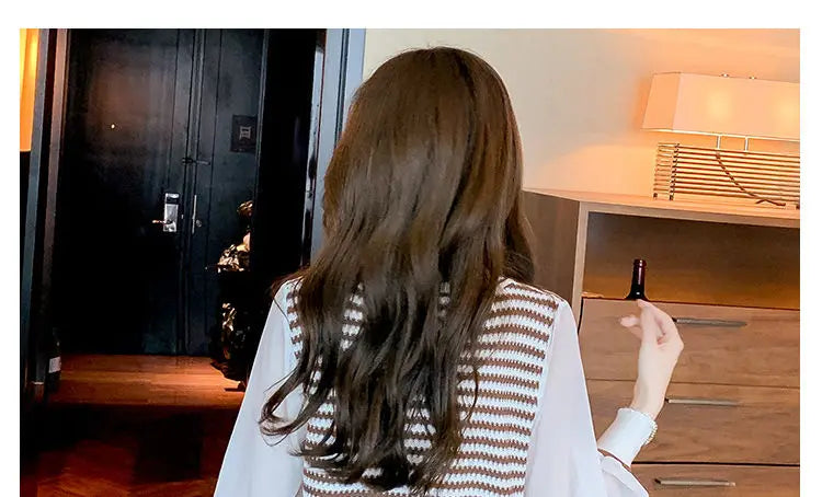 Patchwork Striped Fake Two Pieces Blouse Spring Autumn Long Sleeve O-neck Korean Shirt Tops Fashion Temperament Women Clothing