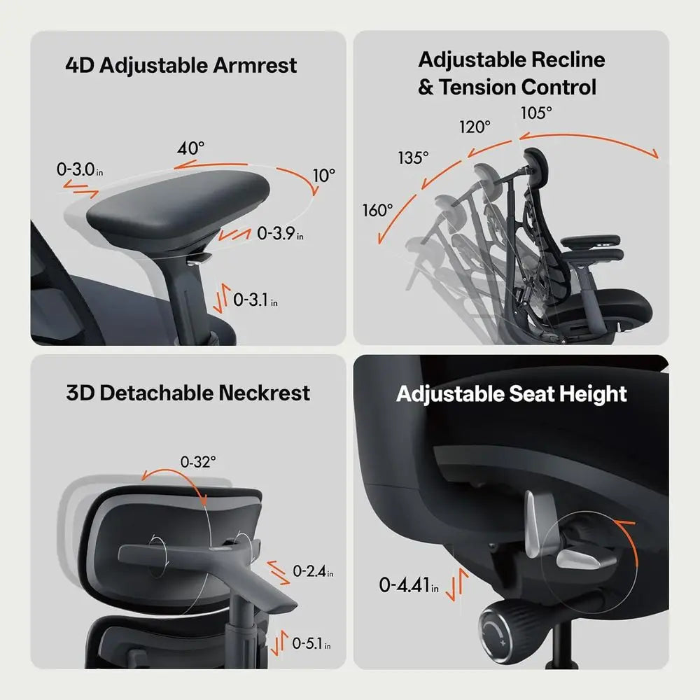 Adjustable Ergonomic Office Chair with Lumbar Support, 160° Recline for Comfortable Long-Term Use, Black, 48cm