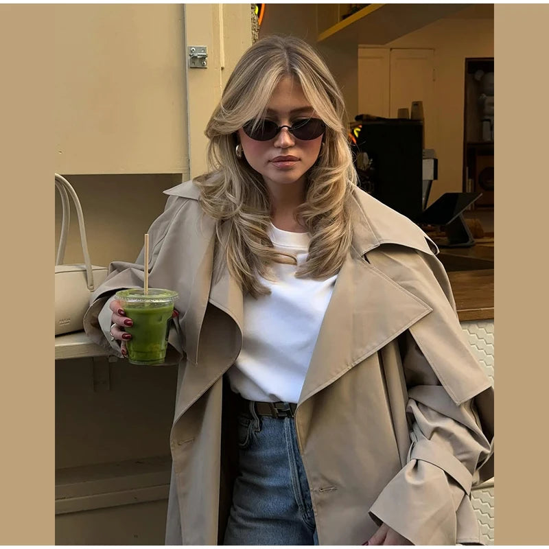 Solid Lace Up Long Trench Coat Women Fashion Full Sleeve Lapel Single Breasted Loose Outerwear 2026 Lady Spring High Street Coat