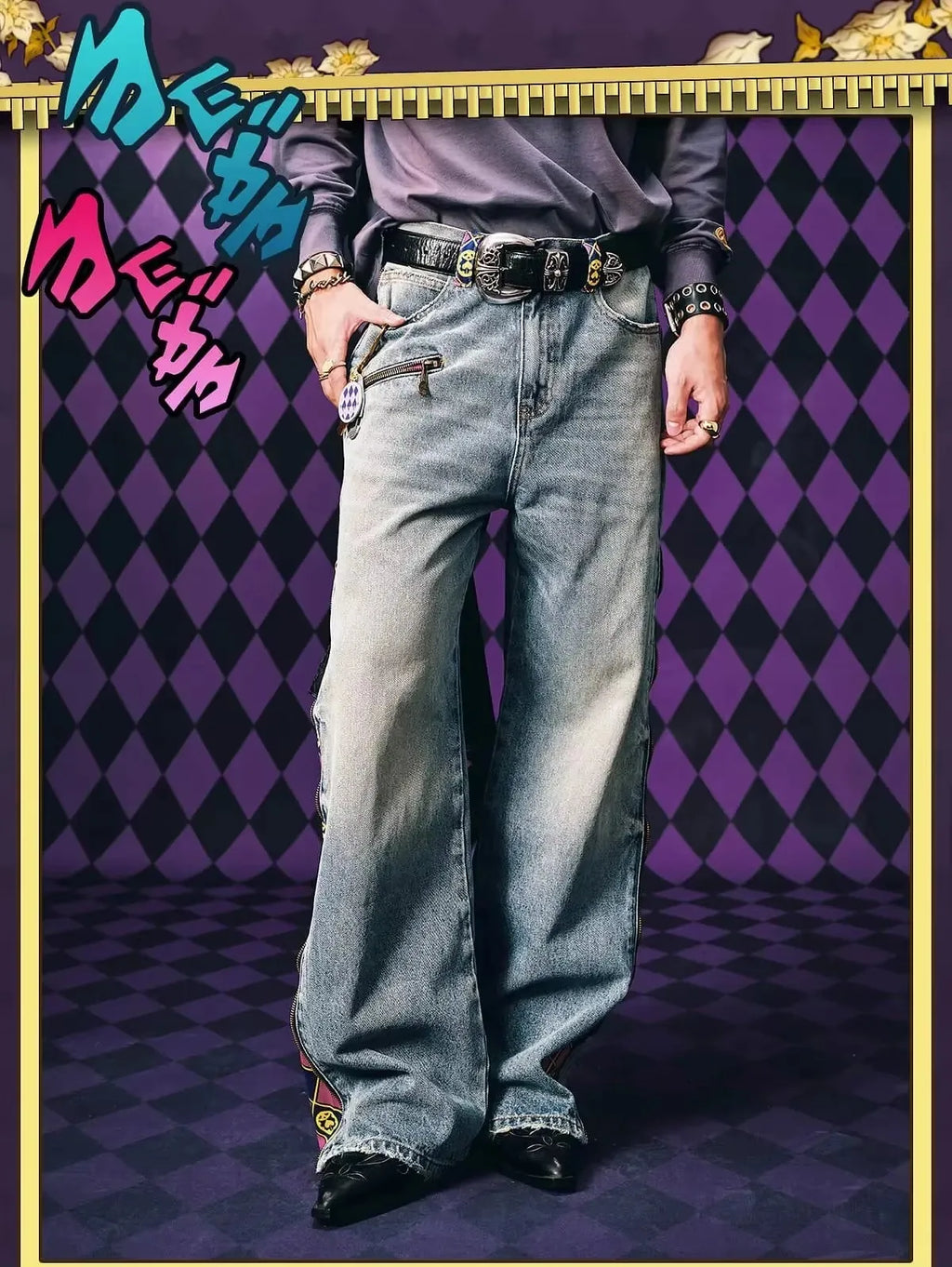 Anime Y2k High Street Original Color Style Light Blue Jeans American Hip Hop Fully Open Side Contrast Color Lined Wide Leg Pants