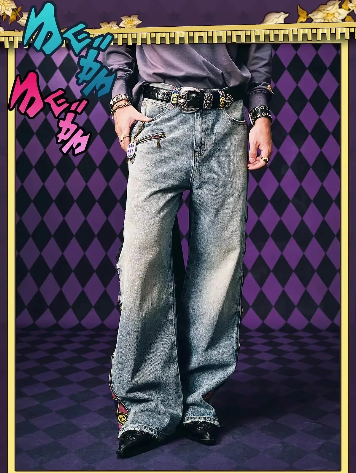 Anime Y2k High Street Original Color Style Light Blue Jeans American Hip Hop Fully Open Side Contrast Color Lined Wide Leg Pants