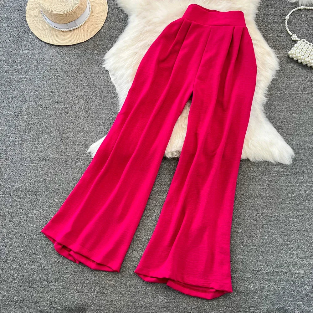 Green/Black/Red 2026 New Summer Two Piece Set Women Sexy Strap Short Tops + High Waist Wide Leg Pants Female Suit New