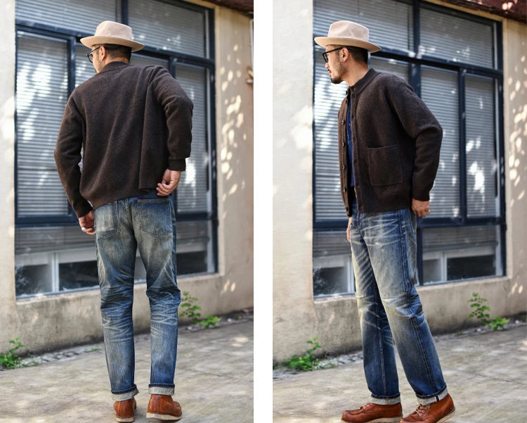 Sauce zhan Bamboo shaped yarn Mens Jeans Selvedge Denim Jeans Distressed Wash jeans for men Straight Fit 14 Oz
