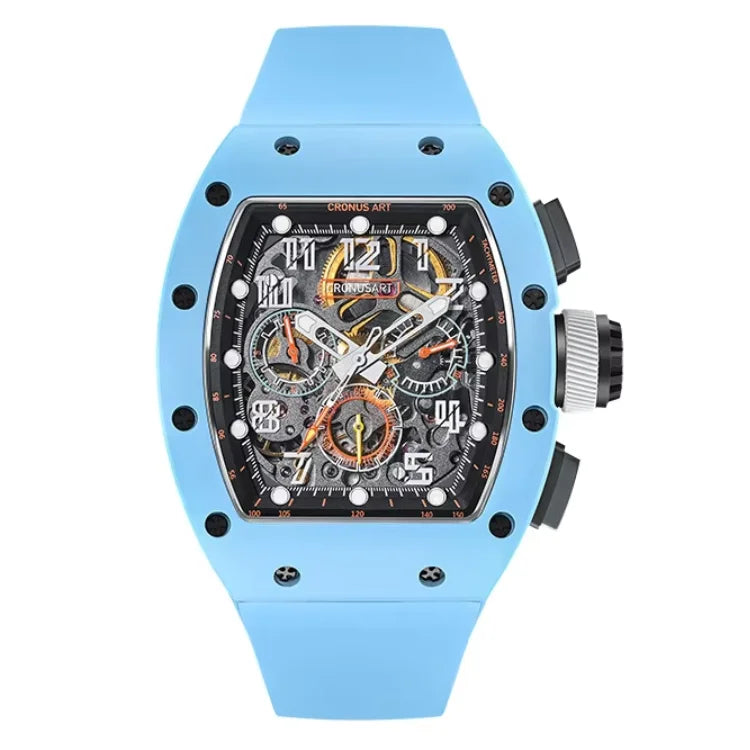 CRONUSART Men Chronograph Watch 50m Tonneau Automatic Mechanical Wristwatch Sapphire Mirror Luminous FKM Strap Skeleton Dial