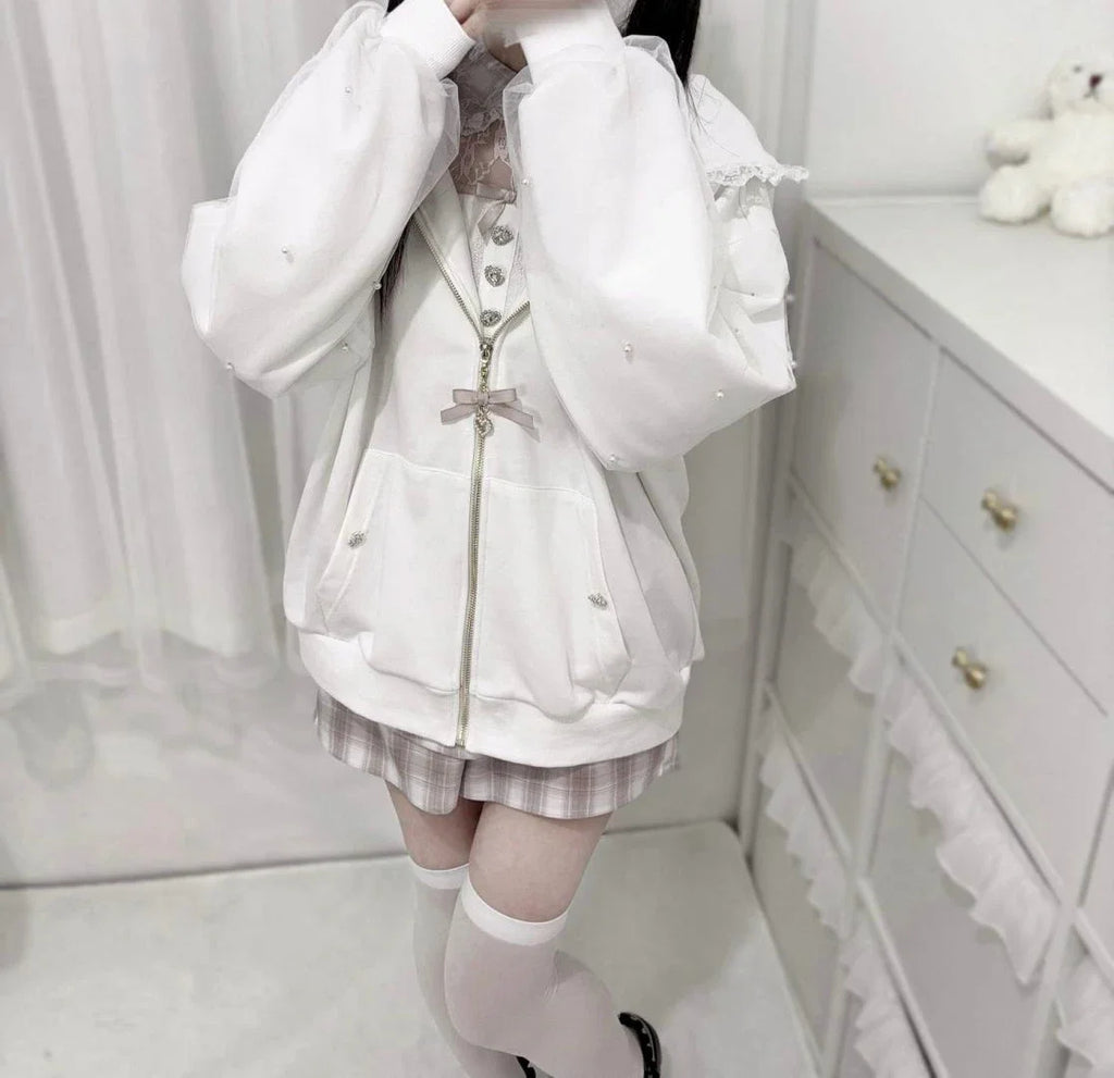 Japanese Pearl Gauze Patchwork Coats Women Y2k Aesthetic Lace Rabbit's Ears Jackets Casual Oversized Harajuku Kawaii Hoodies Top