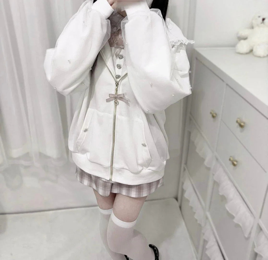 Japanese Pearl Gauze Patchwork Coats Women Y2k Aesthetic Lace Rabbit's Ears Jackets Casual Oversized Harajuku Kawaii Hoodies Top