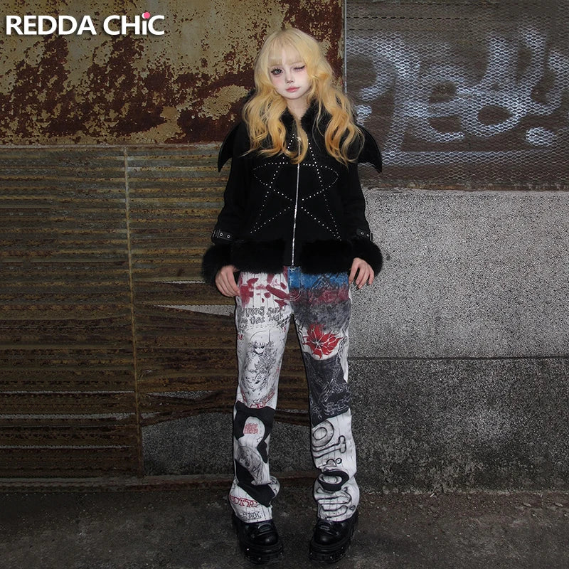 REDDACHiC Anime Graffiti Wide Leg Jeans Street Grunge Remake Paint-Splattered Straight High Waist Denim Pants Gyaru Y2k Bottoms