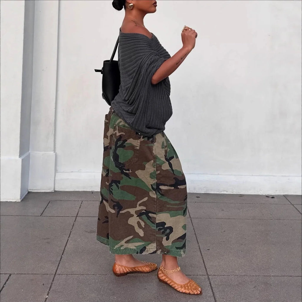 Women's Camouflage Wide Leg Pants Loose Casual High Waist Vintage Pockets Cropped Pants 2025 Fashion Harajuku Capris