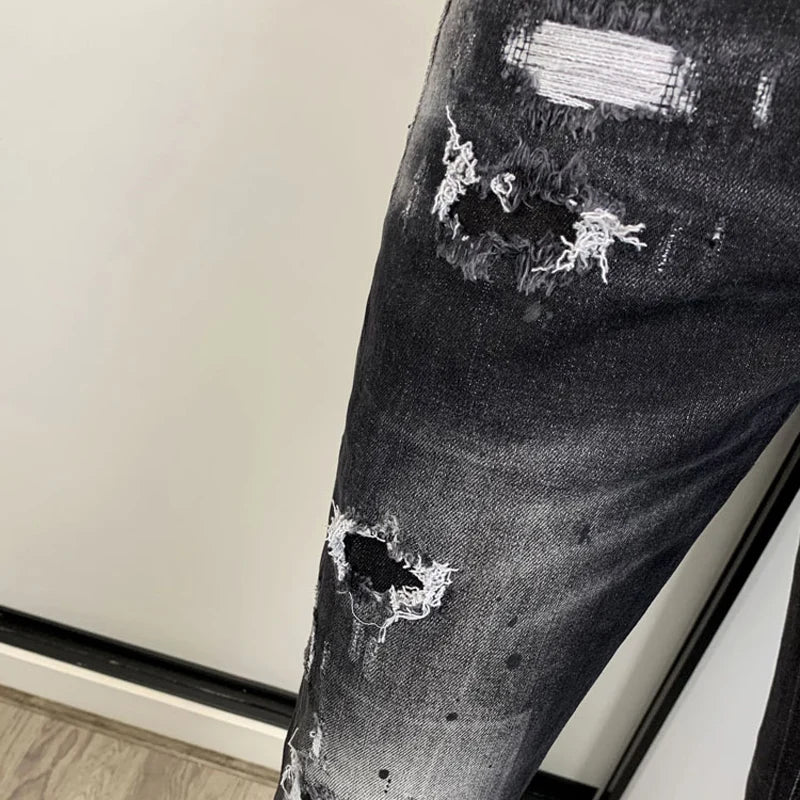 Street Fashion Men Jeans Retro Black Gray Elastic Stretch Slim Fit Hole Ripped Jeans Men Patched Designer Hip Hop Brand Pants