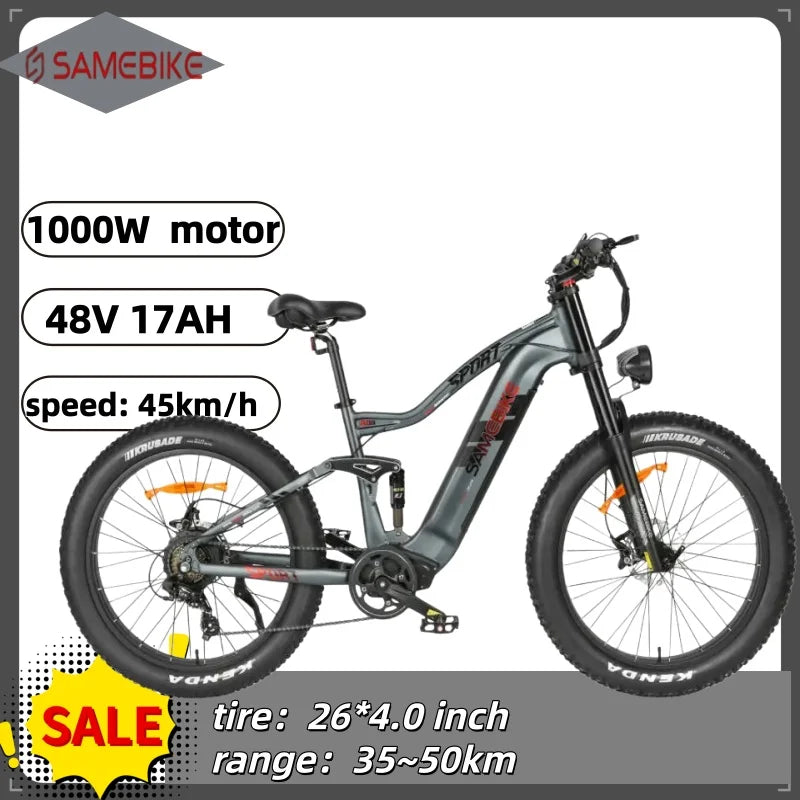 SAMEBIKE RS-A08 Electric Mountain Bike 1000W Motor 48V 17Ah Battery 26 Inch Tire Electric Bicycle 45km/h Shock Absorption e-Bike