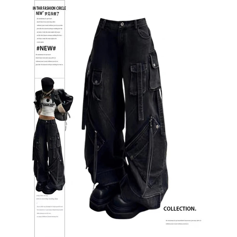 ZHIZOU Women Black Gothic Baggy Cargo Jeans Harajuku Oversize Denim Trousers Y2k 90s Vintage 2000s Emo Jean Pants Trashy Clothes