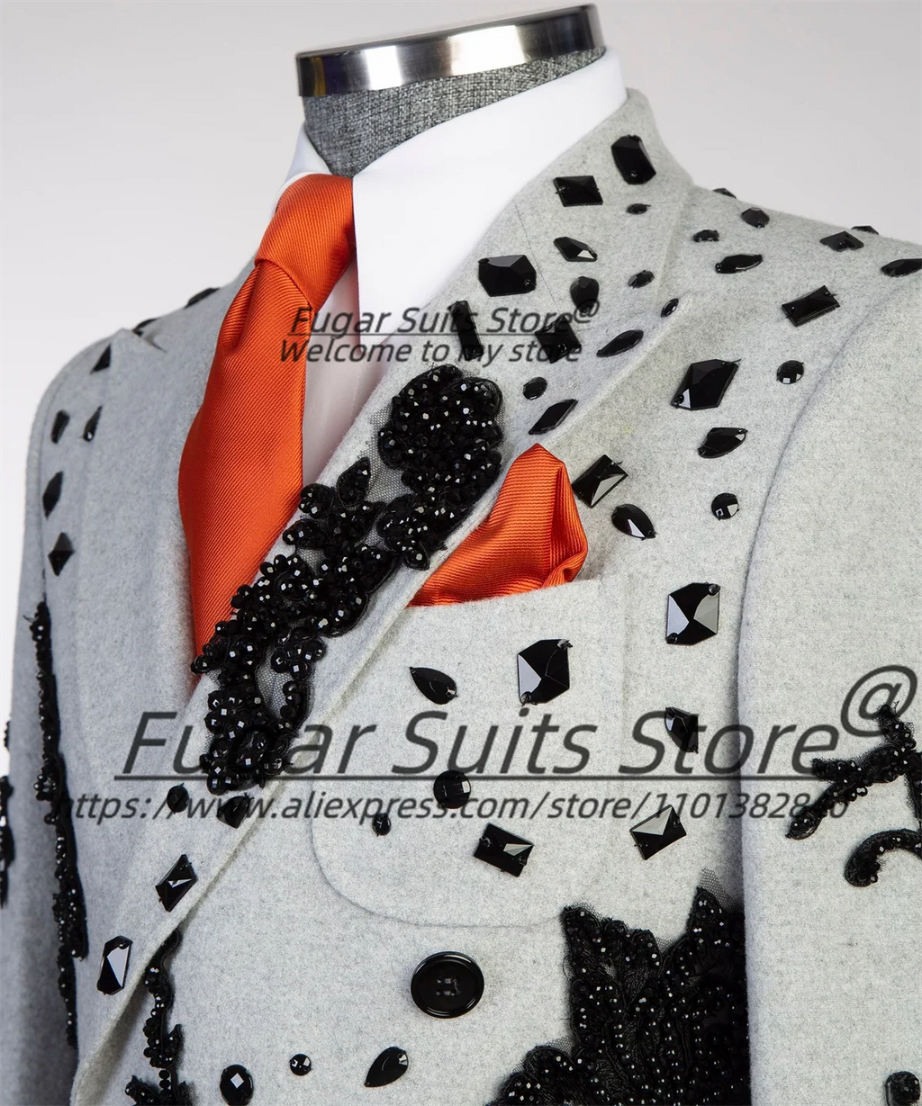 3D Beading Luxuly Long Male Blazers Slim Fit Peak Lapel Groom Wedding Tuxedos Business Men Suits 2 Pcs Fashion Costume Homme