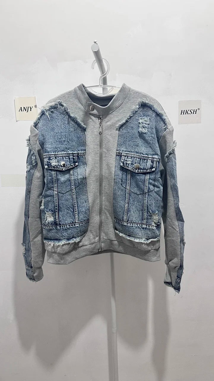 HKSH Spring Autumn New Men Trend Ripped Frayed Denim Patchwork Jacket Elastic Waist Wide-Leg Pants Fashion Two-Piece Set HK16899