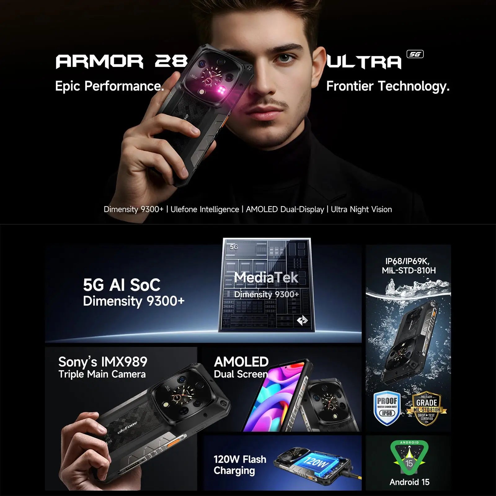 Ulefone Armor 28 Ultra Rugged Smartphone 5G 16GB+1TB 6.67'' FHD+ AMOLED 10600mAh 120W 64MP Night Vision Camera Android 14 NFC