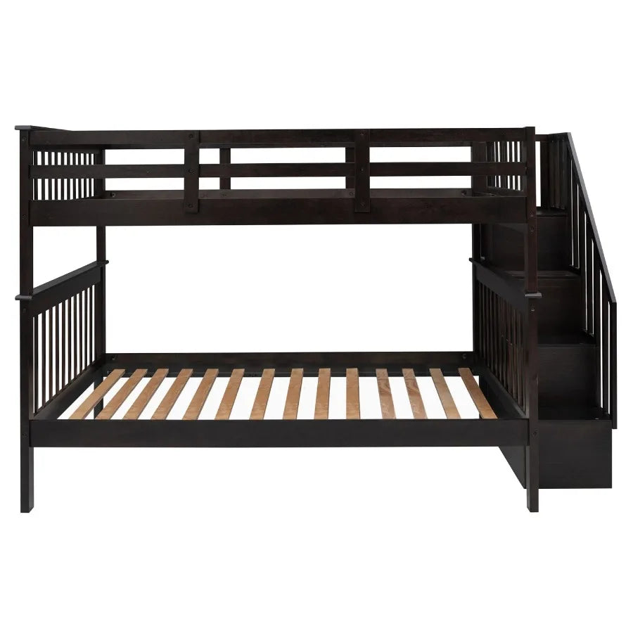 Stairway Full-Over-Full Bunk Bed with Storage and Guard Rail for Bedroom Dorm Espresso
