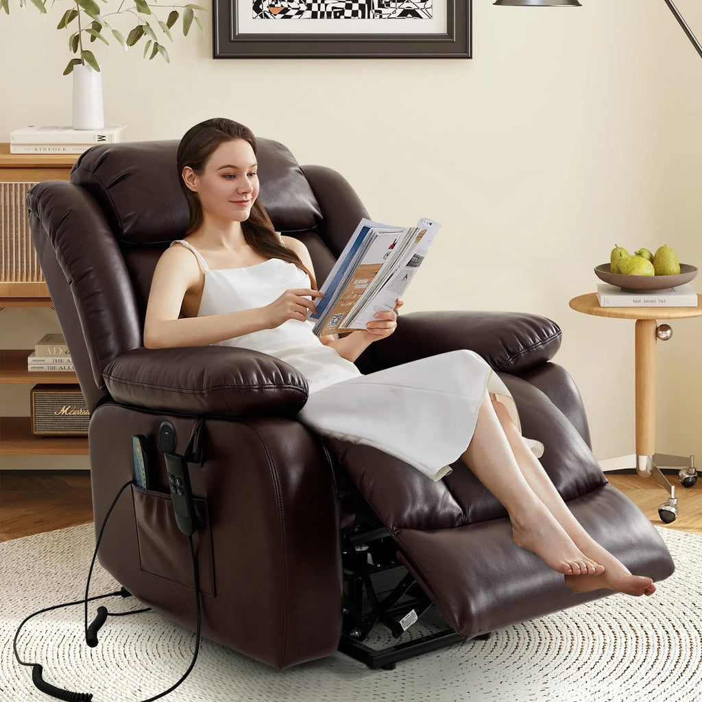 Power Lift Recliner Dual Motor, Electric Leather Chair for Elderly with Heat and Massage, Lay Flat Recliner with Storage
