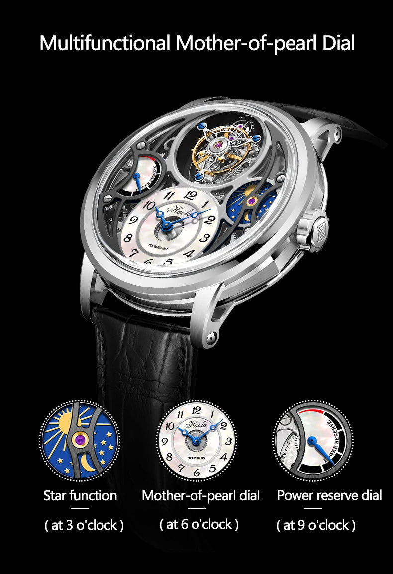 Haofa Manual Tourbillon Watch for Men Moonphase Energy Display Dial Skeleton Movement Sapphire Mechanical Wristwatches 1939