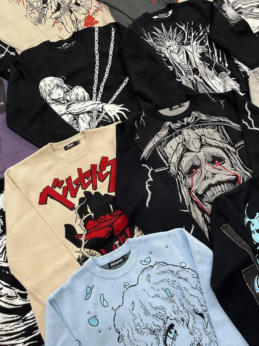 Heavyweight Anime Character Y2K Style Oversized Knitted Sweater Couple Loose Autumn Winter Overhead Knitted Pullover