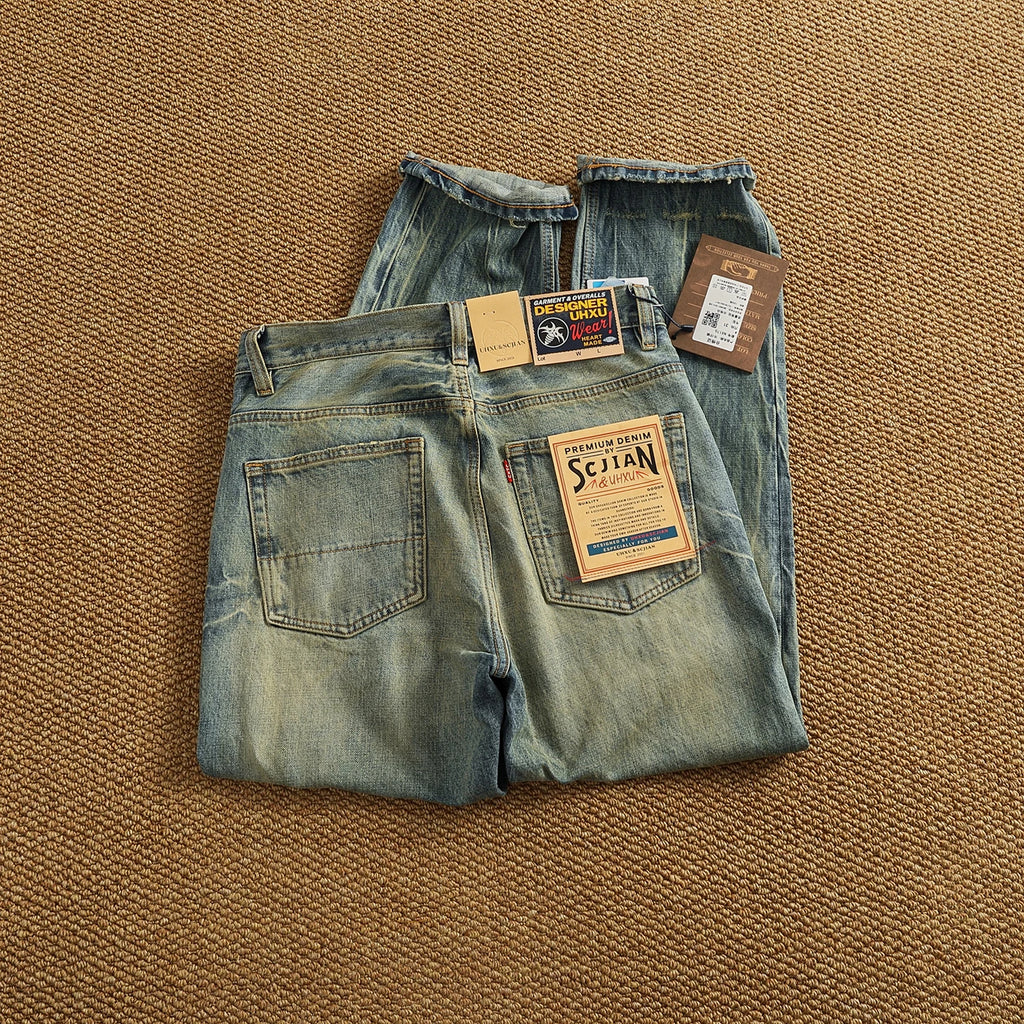 2025 Autumn New American Retro Heavyweight Ripped Denim Men's Fashion 100% Cotton Washed Old Straight Tapered Casual Jeans