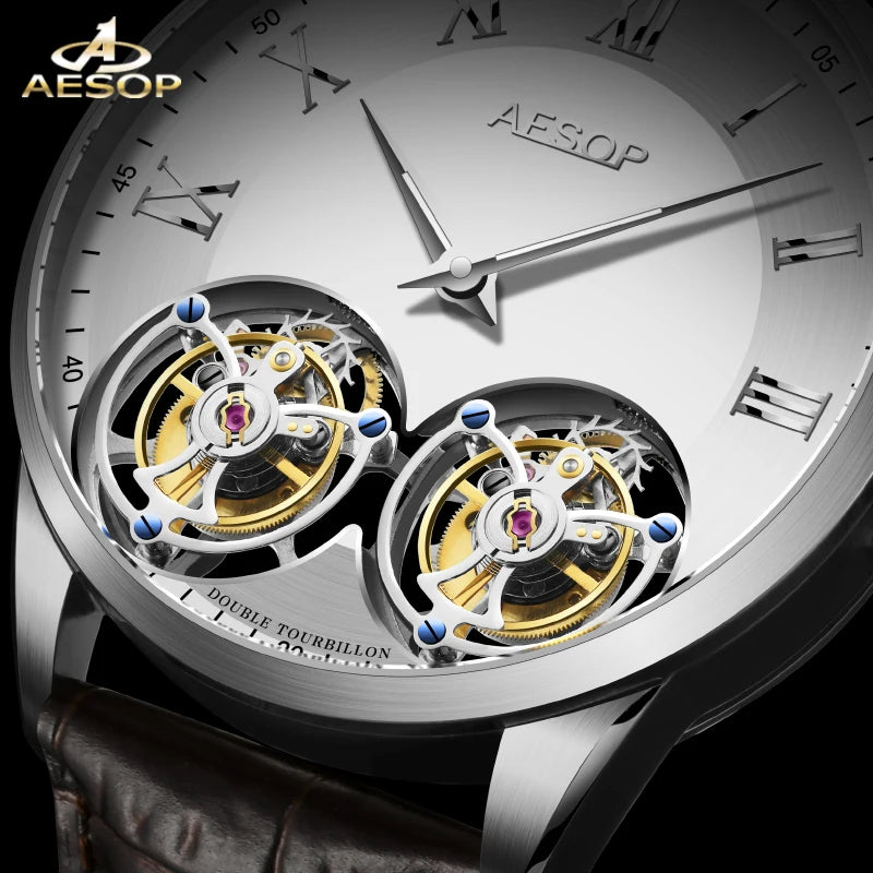 Aesop Men's Double Tourbillon Watch Hand Winding Movement Sapphire Business Fashion Male Mechanical Wristwatches Waterproof 2025