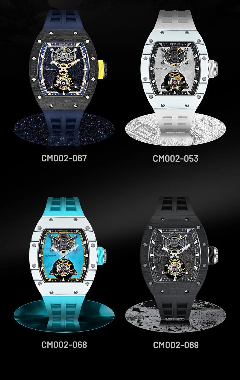 CRONUSART Men Tourbillon Watch 50mm Tonneau Mechanical Wristwatch Carbon Fiber Case & Dial Luminous Sapphire Mirror