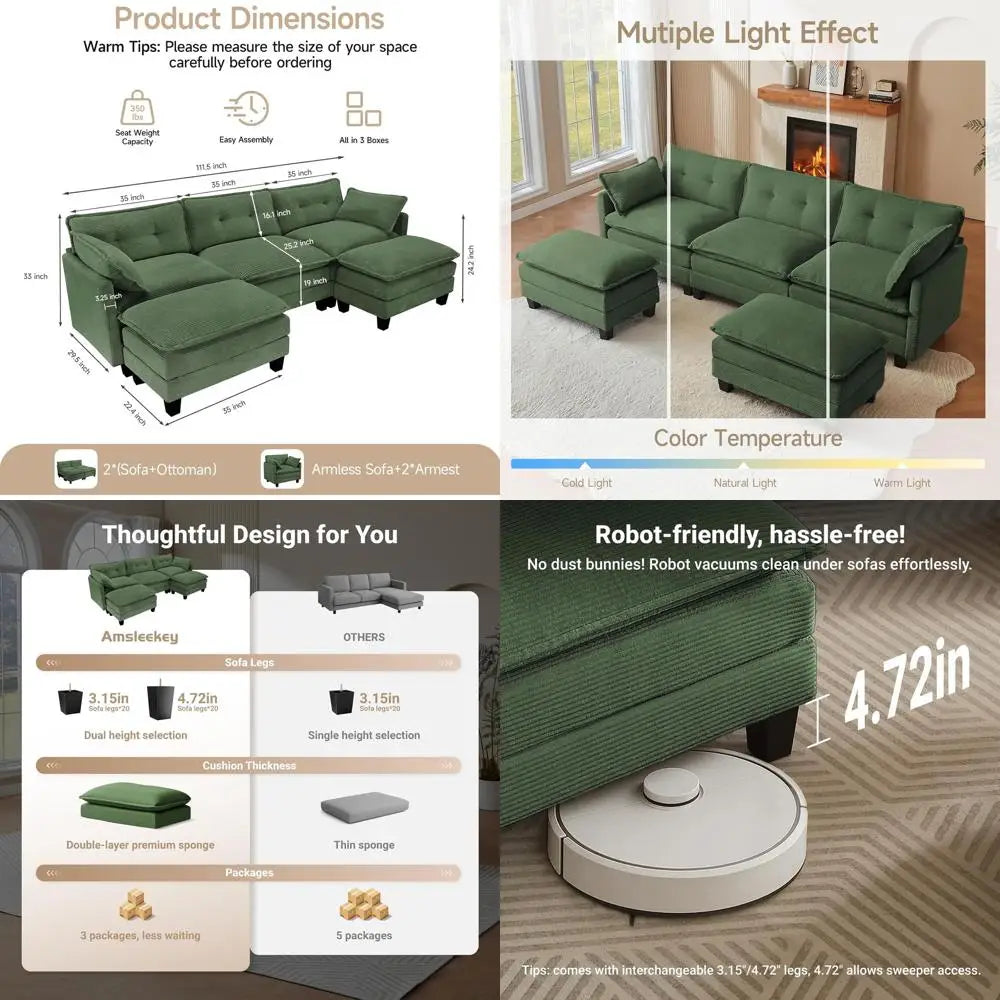 U-Shaped Corduroy 3-Seater Sofa with 2 Ottomans, Green Deep Seating Living Room Sectional