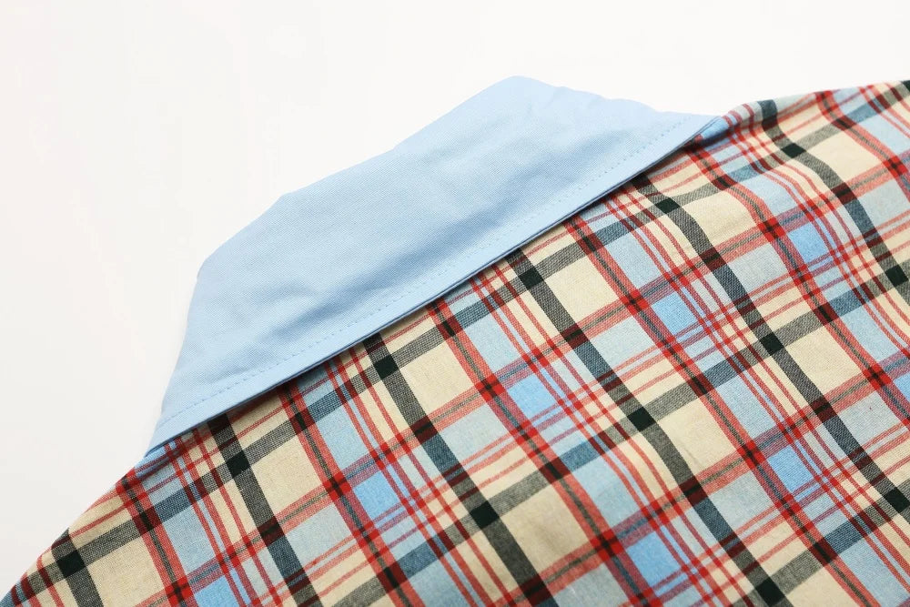 Cartoon Embroidery Short Sleeve Checked Shirt Mens Summer Retro Casual Spliced Lapel Single Breasted Half-Sleeve Plaid Shirts
