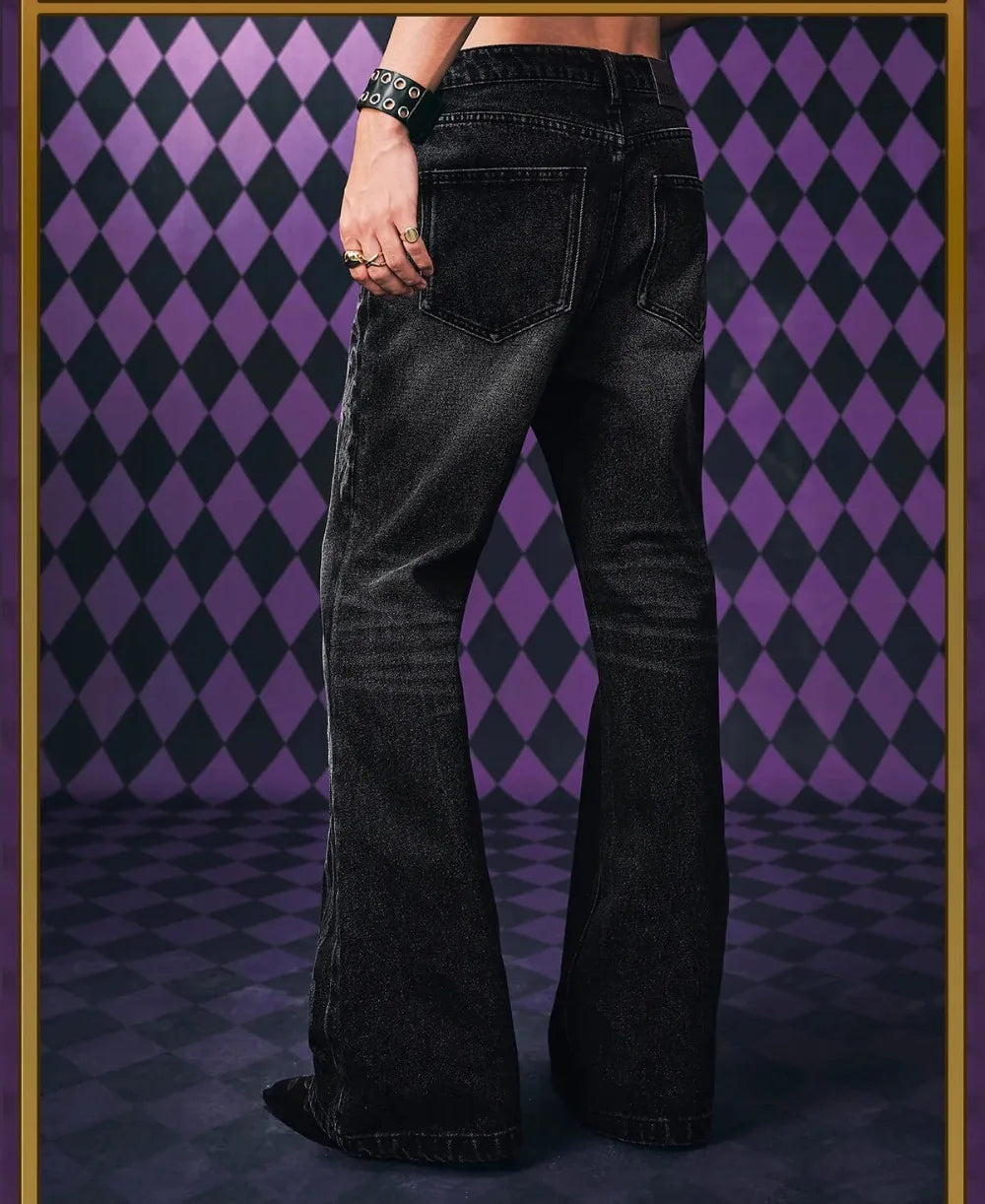 JoJo's Bizarre Adventure Black Flared Jeans Men Embroidery Streetwear Loose Casual Washed Denim Pants Anime Inspired Trousers