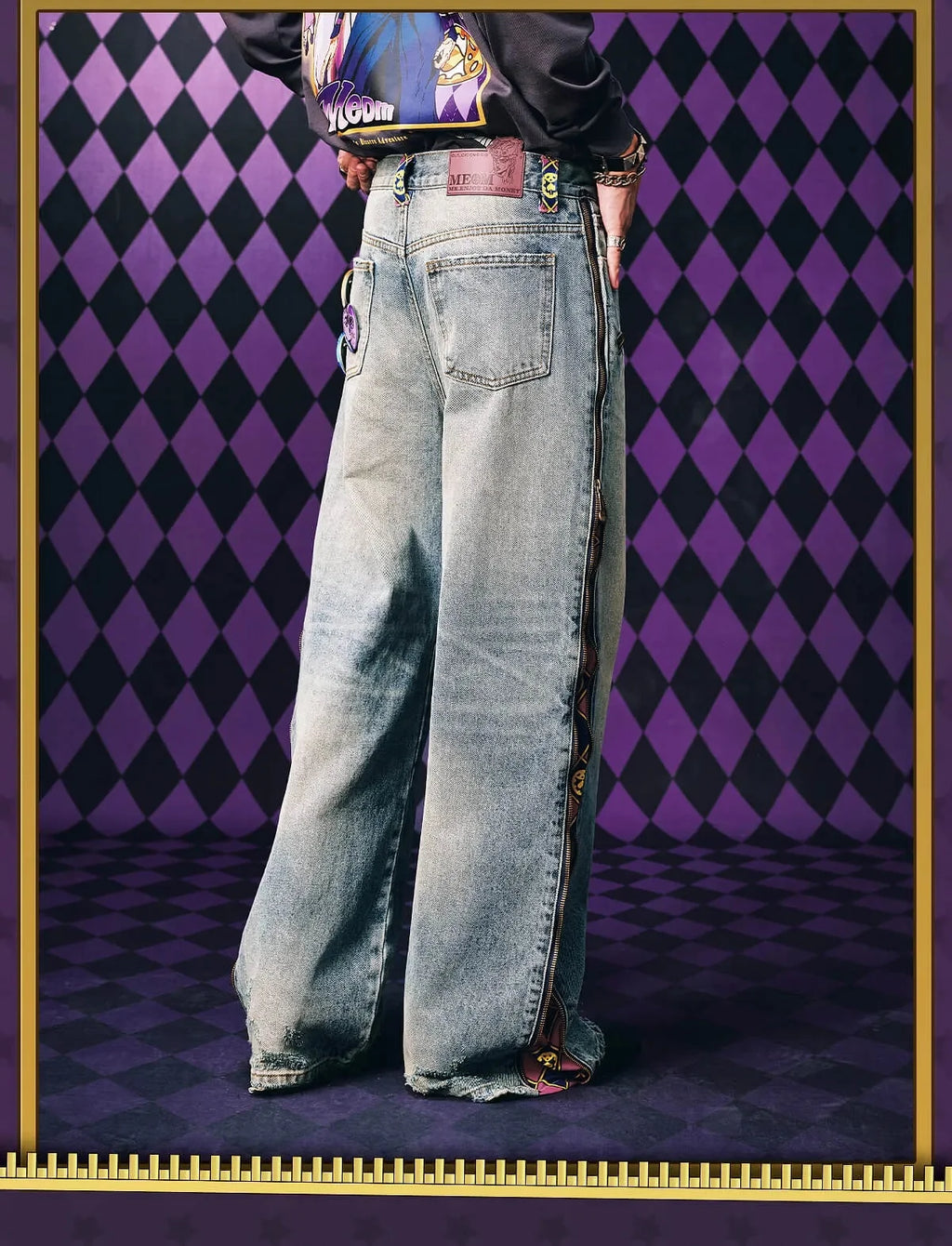 JoJo Anime Zip Off Panel Jeans Men Women High Waist Wide Leg Detachable Print Denim Pants Purple Gold Patchwork Straight Jeans